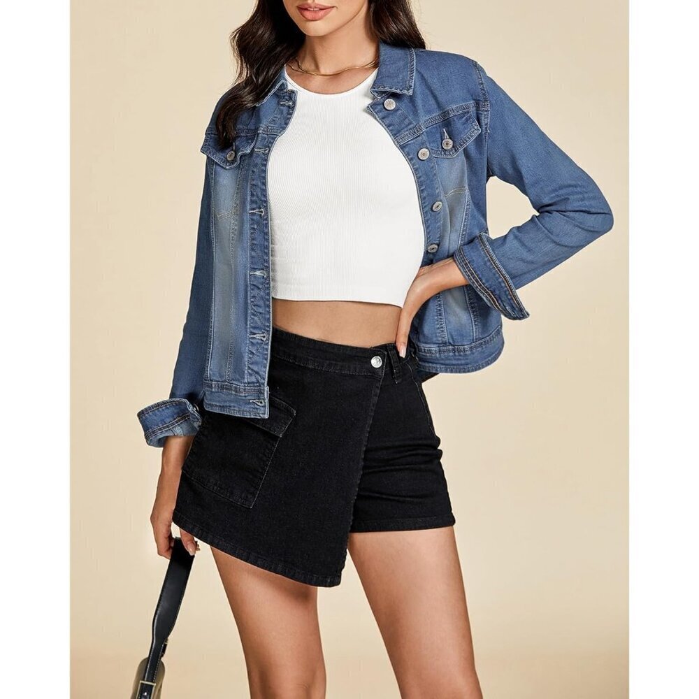 Women's Basic Long Sleeves Button Down Fitted Denim Jean Jacket Vintage Blue - Picture 8 of 9